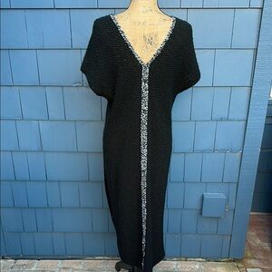Black Knit Sweater Dress with White Trim handmade tunic Vneck